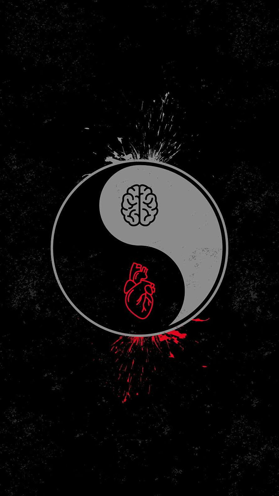 Yin Yang Balance of Heart and Brain with Grunge Ink Splatter on Black Background HD phone wallpaper