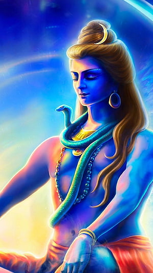 Lord Shiva Digital Painting with Serpent and Crescent Moon in Blue Tones HD phone wallpaper