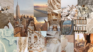 Beige Aesthetic Travel Collage Featuring New York City, Santorini, and Luxury Interiors HD wallpaper