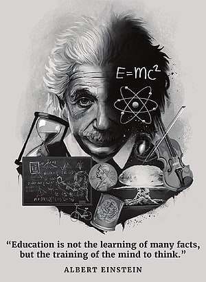 Albert Einstein Portrait with E=mc², Atom, Violin, and Physics Symbols in Black and White HD phone wallpaper