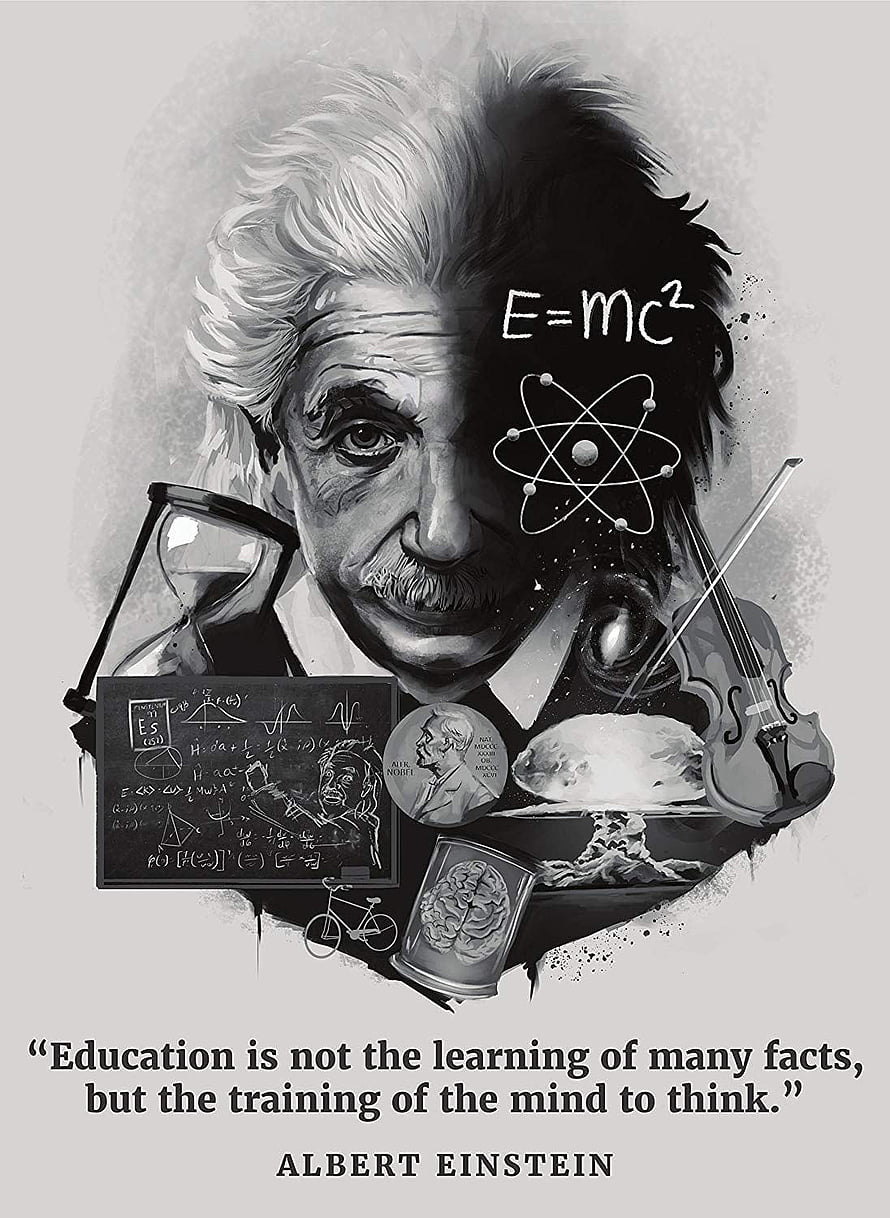 Albert Einstein Portrait with E=mc², Atom, Violin, and Physics Symbols in Black and White HD phone wallpaper