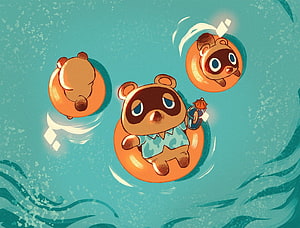 Tom Nook and Friends Floating in Pool with Orange Swim Rings HD wallpaper