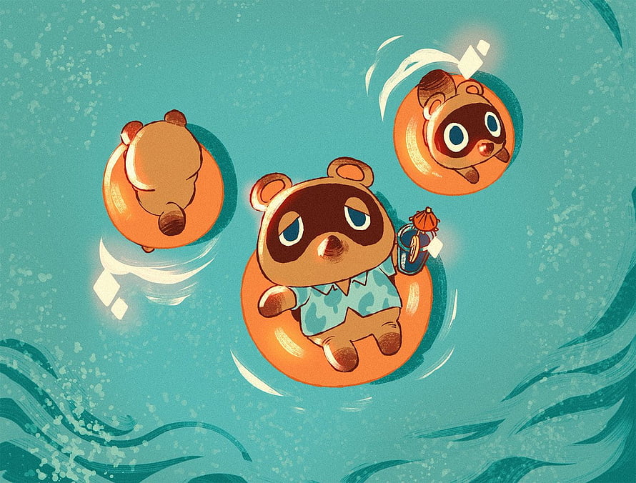 Tom Nook and Friends Floating in Pool with Orange Swim Rings HD wallpaper