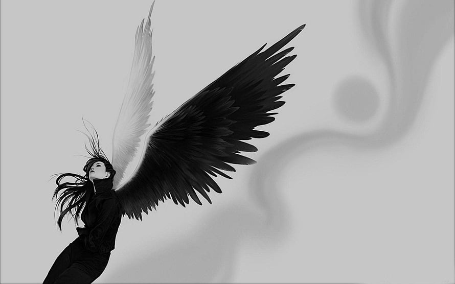 Monochrome Fantasy Woman With Black And White Angel Wings HD wallpaper