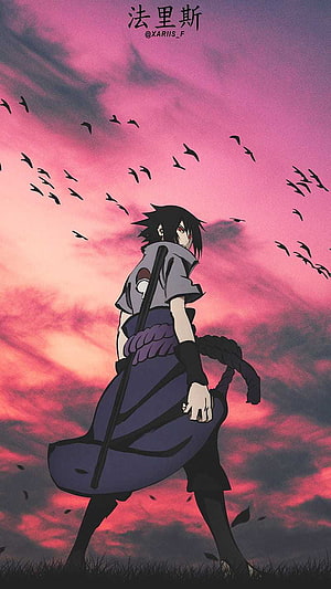 Sasuke Uchiha anime character standing in a field under a dramatic pink sunset sky with a flock of birds HD phone wallpaper