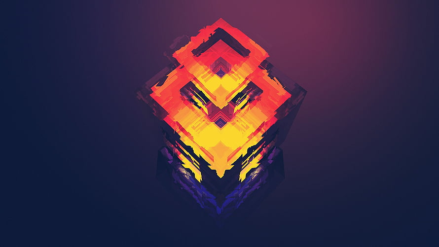 Abstract Geometric Cube with Glowing Orange and Yellow Facets on Dark Background HD wallpaper