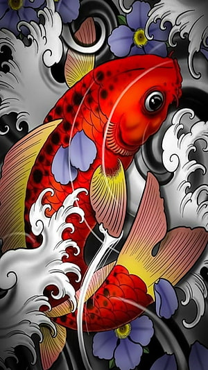 Traditional Japanese Koi Fish Tattoo Design with Waves and Flowers HD phone wallpaper