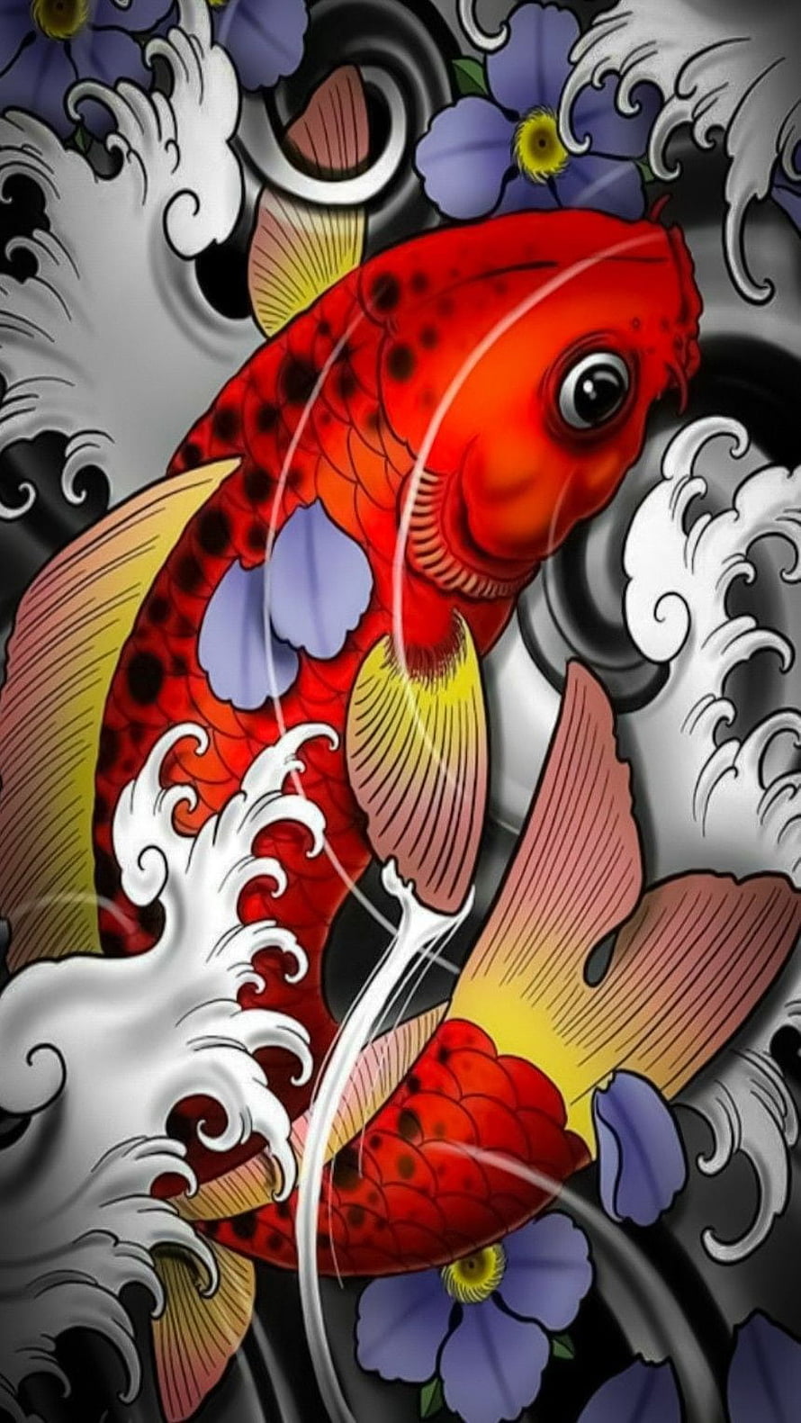 Traditional Japanese Koi Fish Tattoo Design with Waves and Flowers HD phone wallpaper