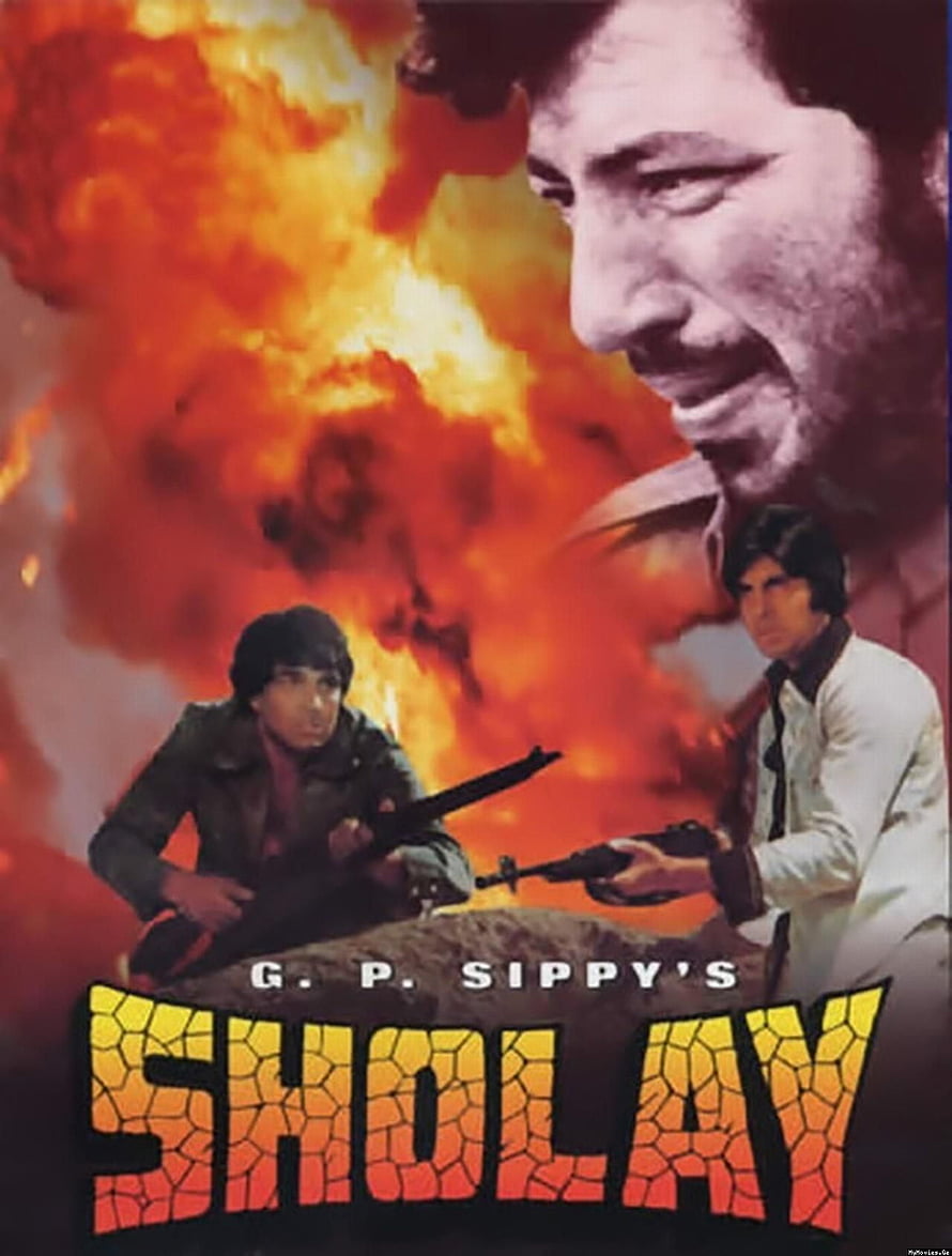 Sholay Classic Indian Action Film Poster with Explosive Fire Background HD phone wallpaper