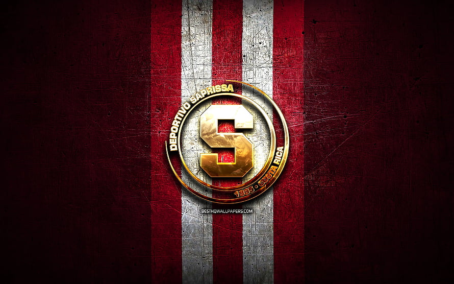 Deportivo Saprissa FC Crest on Textured Red and White Striped Background HD wallpaper