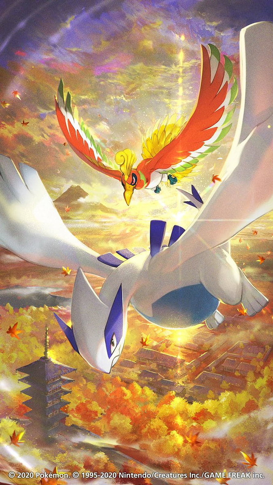 Ho-Oh and Lugia Soaring Over Ecruteak City in Autumn Landscape HD phone wallpaper