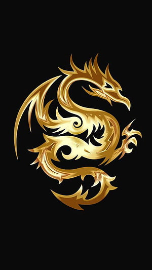 Golden Eastern Dragon Emblem on Black Background HD phone wallpaper