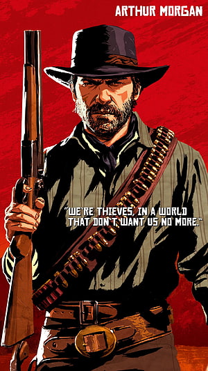 Arthur Morgan from Red Dead Redemption 2 in a gritty comic book style portrait holding a rifle HD phone wallpaper