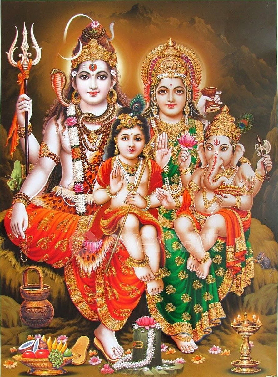 Shiva Parvati Murugan Ganesha Family Portrait Indian Deity Painting HD phone wallpaper