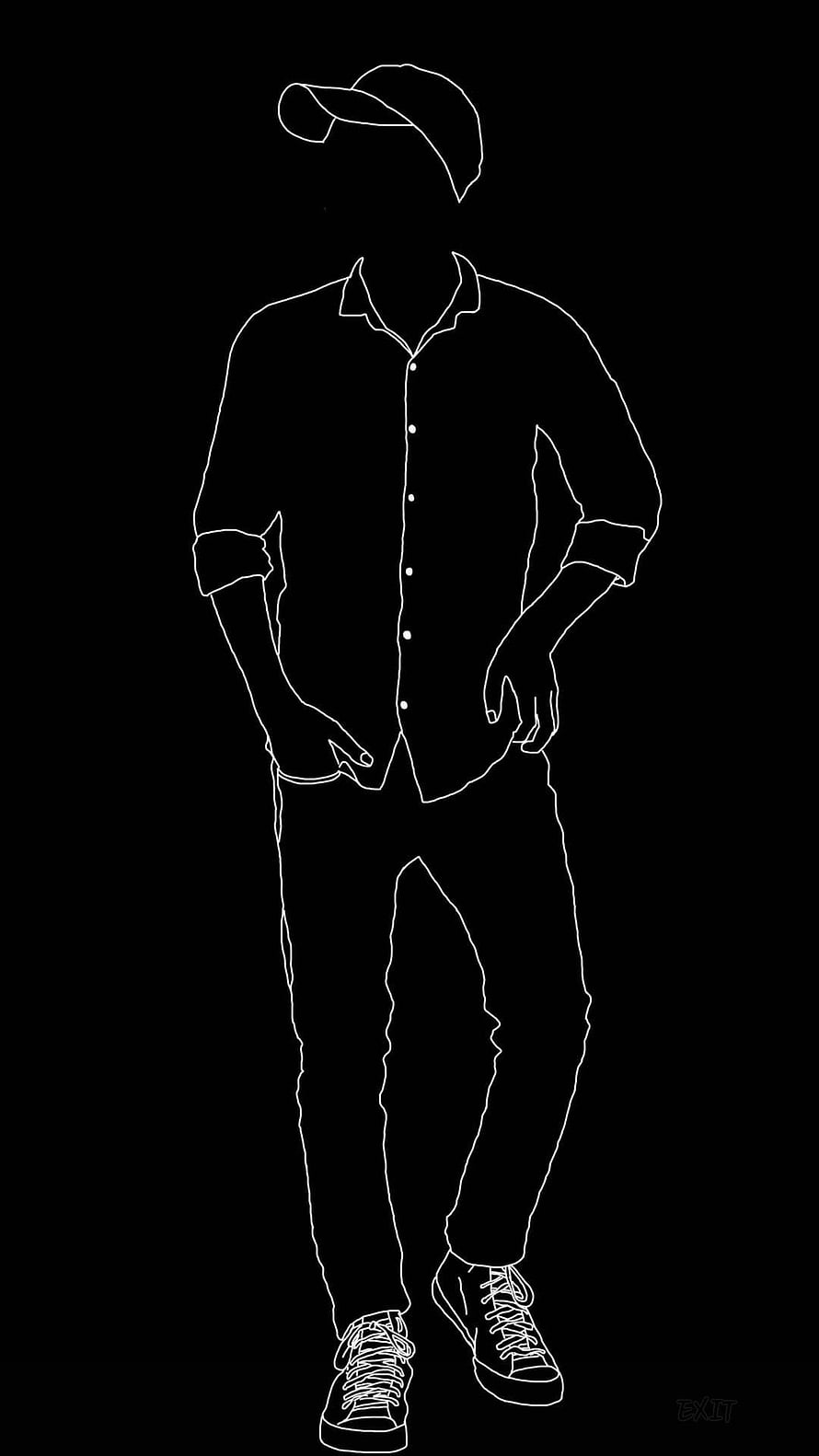 Minimalist White Line Art of a Man in a Button-Down Shirt and Cap on Black Background HD phone wallpaper