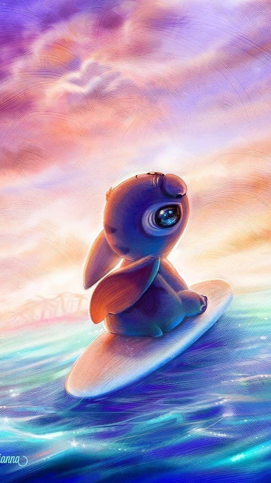Stitch Riding a Surfboard on a Dreamy Ocean at Sunset HD phone wallpaper