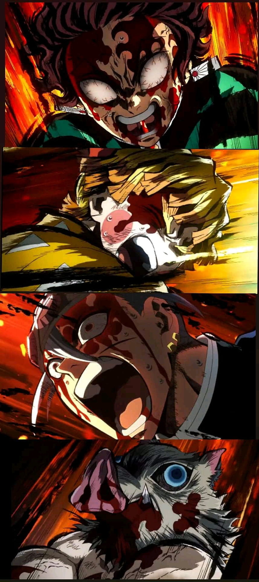 Demon Slayer Anime Characters in Intense Battle Scenes with Fiery Backgrounds HD phone wallpaper