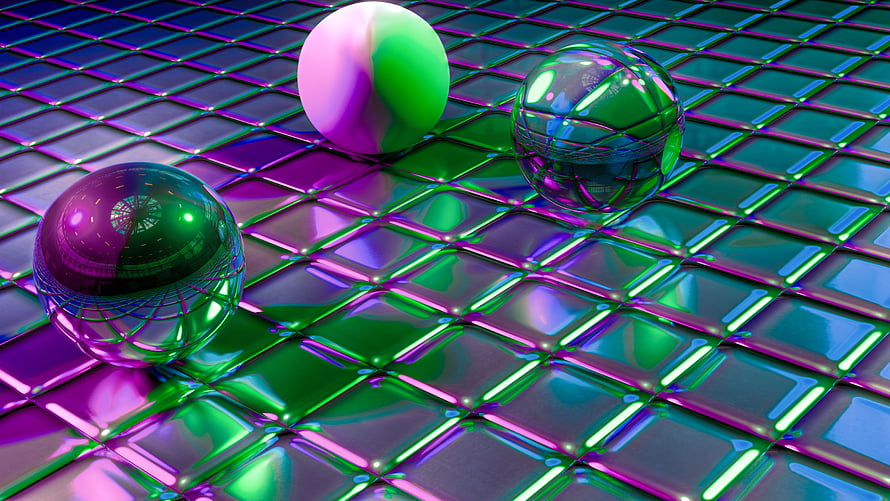 Neon 3D Render of Glossy Spheres on a Reflective Grid Floor with Vibrant Cyan and Magenta Lighting HD wallpaper