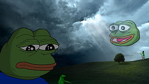 Pepe the Frog in a Dramatic Stormy Landscape with Floating Companion HD wallpaper