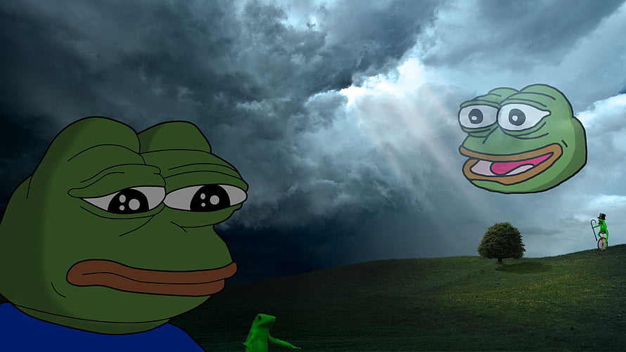 Pepe the Frog in a Dramatic Stormy Landscape with Floating Companion HD wallpaper