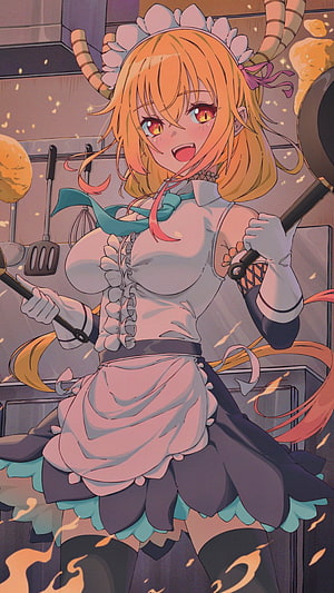 Kanna Kamui in Maid Outfit Cooking in Kitchen Anime Illustration HD phone wallpaper