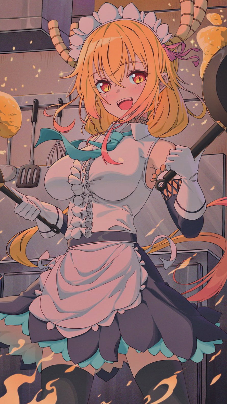 Kanna Kamui in Maid Outfit Cooking in Kitchen Anime Illustration HD phone wallpaper