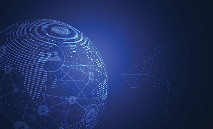 Digital Global Network Globe with Connected Nodes and Social Icons on Dark Blue Background HD wallpaper