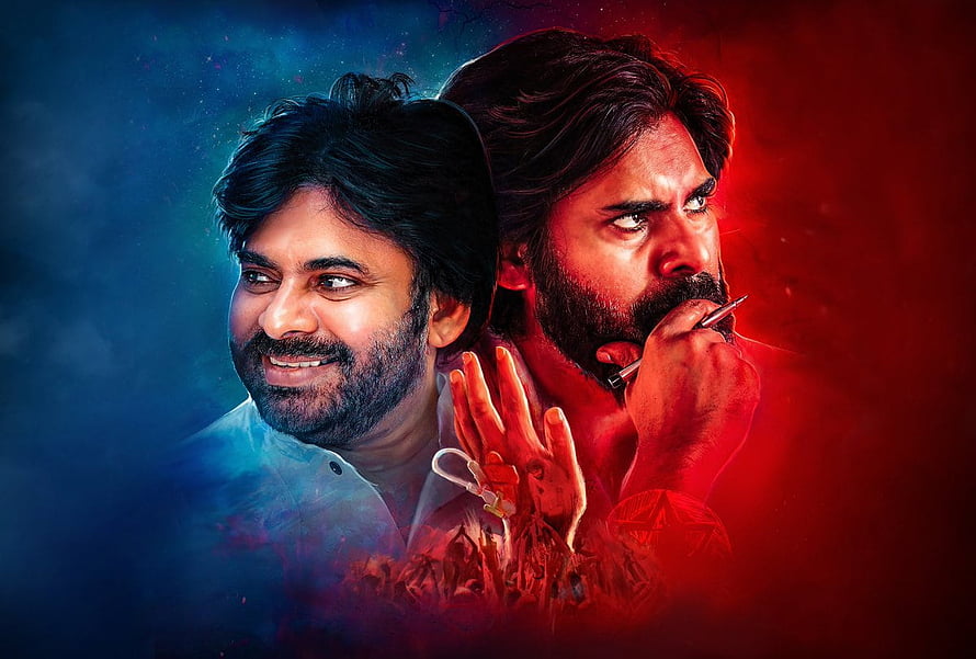 Pawan Kalyan Dual Portrait with Blue and Red Cinematic Lighting HD wallpaper
