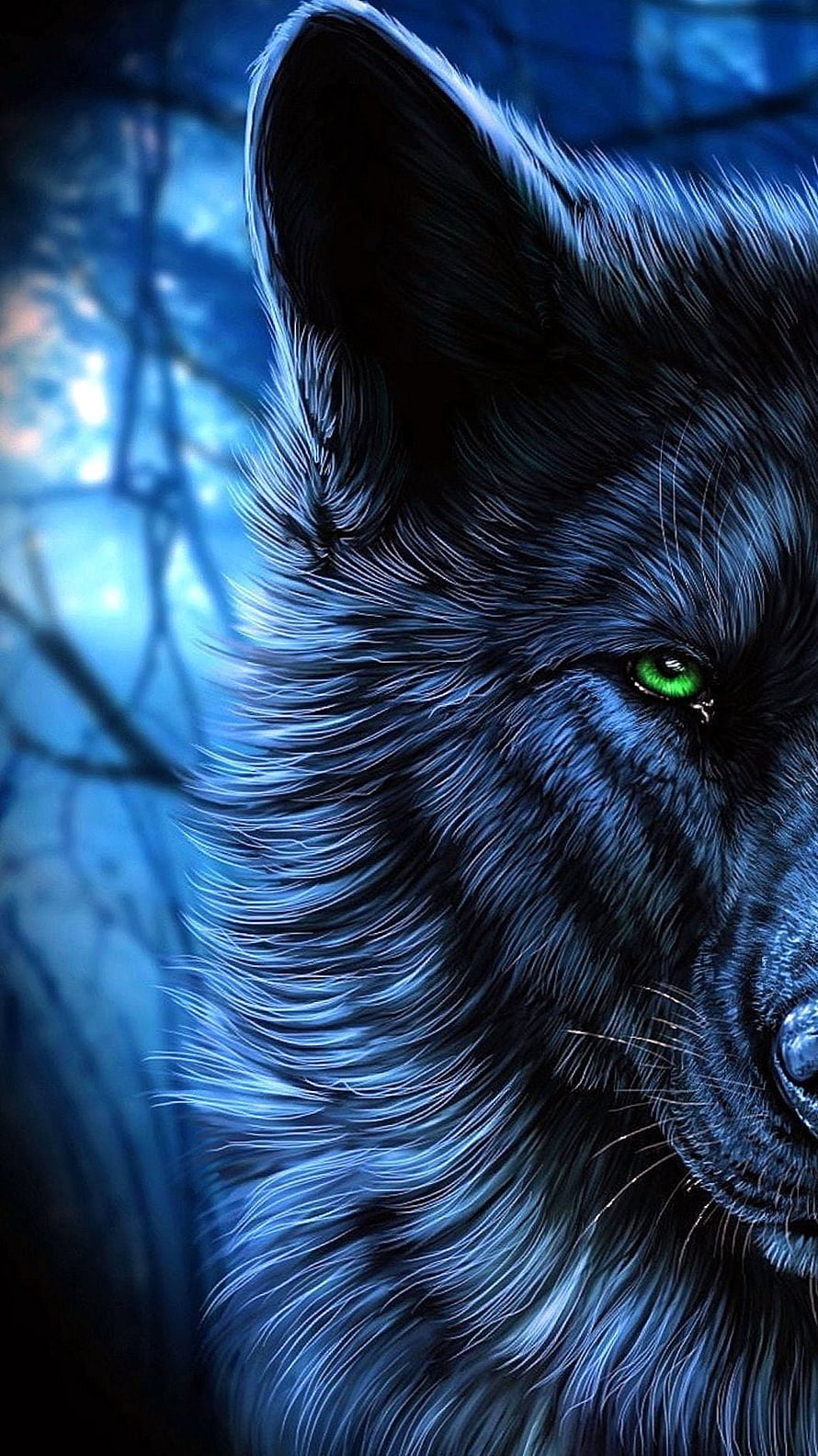 Mystical Black Wolf Portrait With Glowing Green Eyes In Blue Forest HD phone wallpaper