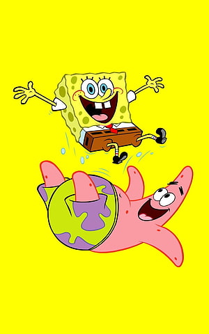 SpongeBob and Patrick Star Celebrating in Vibrant Yellow Cartoon Scene HD phone wallpaper