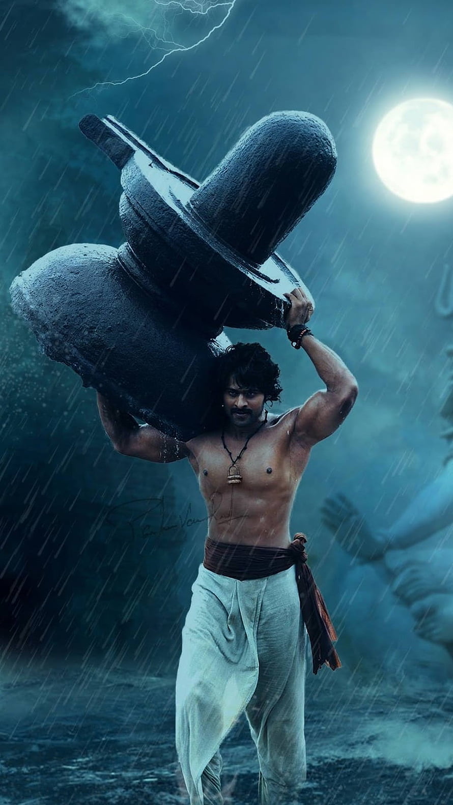 Prabhas as Baahubali Carrying Stone Mortar in Stormy Rain HD phone wallpaper