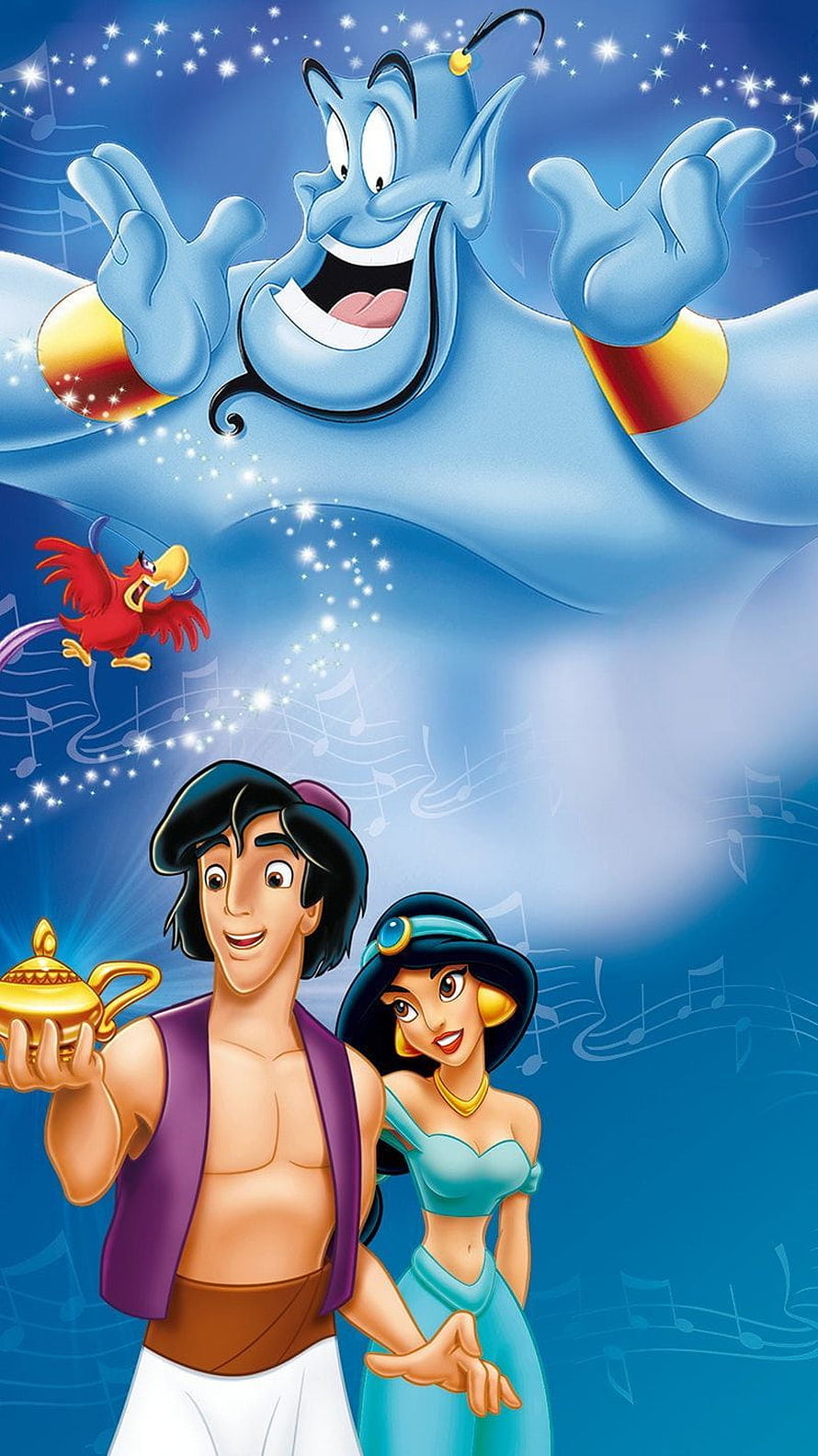 Aladdin and Jasmine with Genie and Iago in a Magical Disney Animated Scene HD phone wallpaper