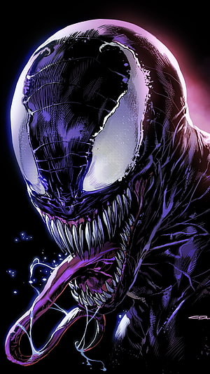 Venom Black Symbiote Portrait with Purple Neon Glow and Comic Ink Style HD phone wallpaper