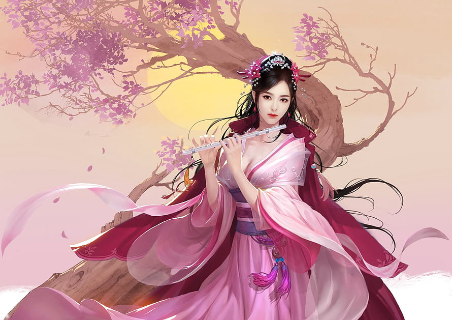 Elegant Woman Playing Flute Under Blossoming Tree in Traditional Pink Hanfu HD wallpaper