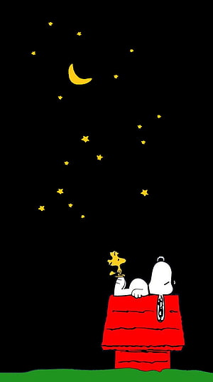 Snoopy and Woodstock Stargazing on Red Doghouse Under Crescent Moon HD phone wallpaper
