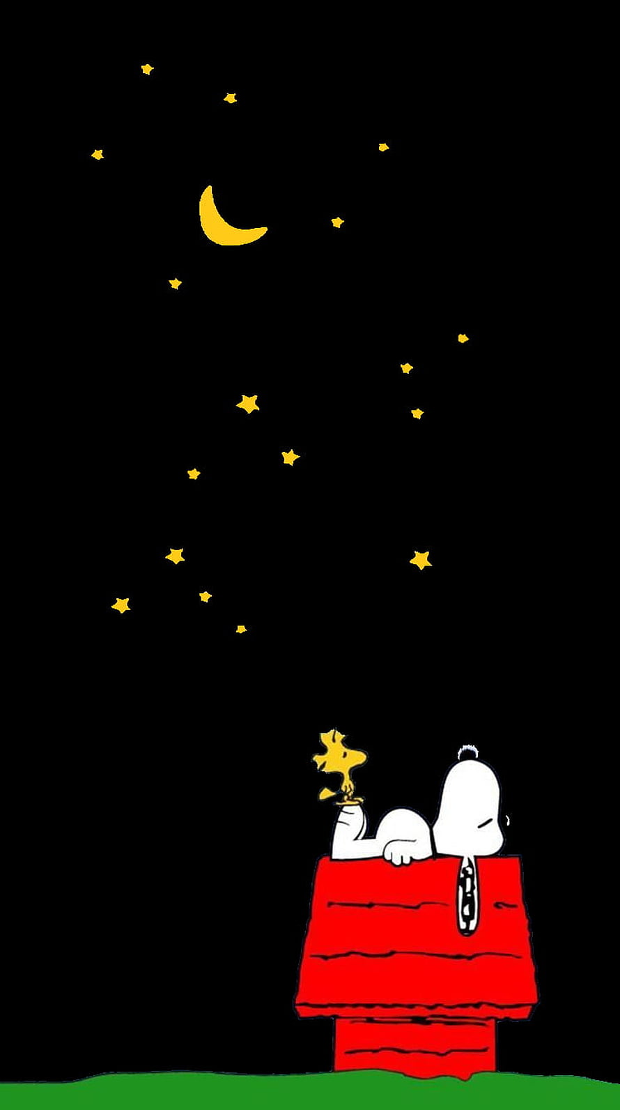 Snoopy and Woodstock Stargazing on Red Doghouse Under Crescent Moon HD phone wallpaper