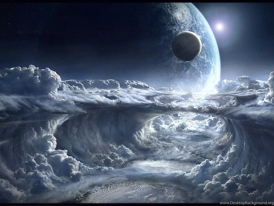 Dramatic Space Clouds and Distant Planets in a Cosmic Digital Art Scene HD wallpaper