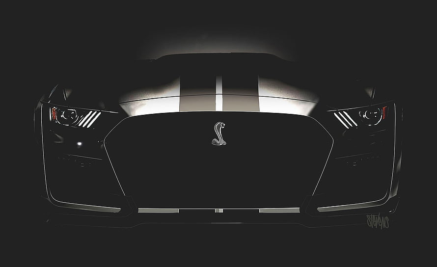 Front View of Black Ford Mustang Shelby GT500 with Racing Stripes and Cobra Emblem HD wallpaper