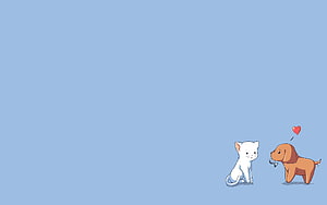 Cute Cartoon Cat and Dog with Heart on Soft Blue Background HD wallpaper