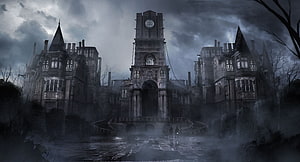 Gothic Victorian Castle Concept Art with Dark Fantasy Atmosphere and Misty Courtyard HD wallpaper