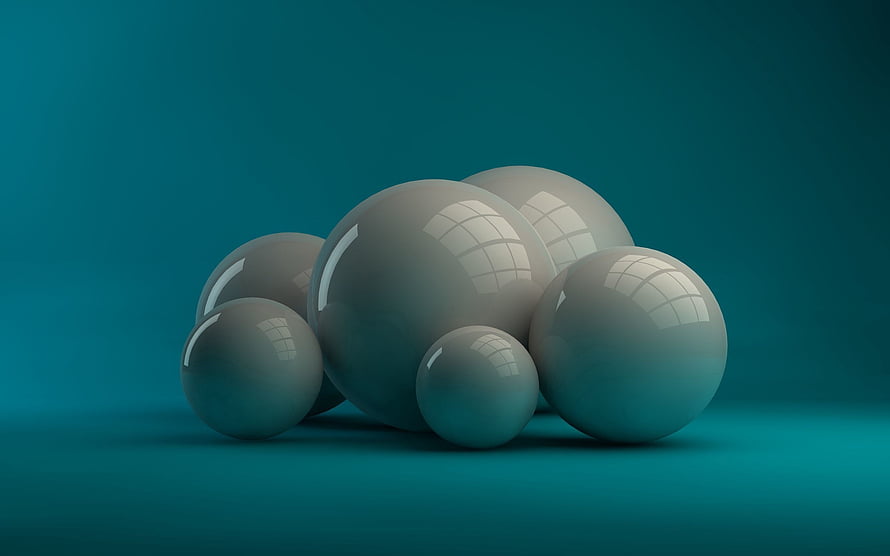 Minimalist 3D Render of Glossy Grey Spheres on a Teal Background HD wallpaper
