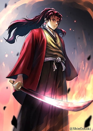 Yorichi Tsugikuni from Demon Slayer Wielding Glowing Katana Amidst Flames HD phone wallpaper