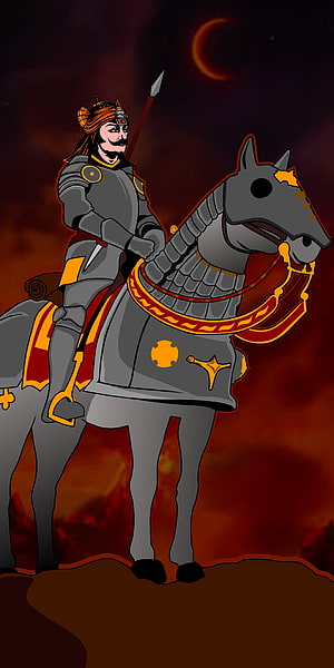 Maharana Pratap on Armored Warhorse with Crescent Moon and Fiery Sky HD phone wallpaper