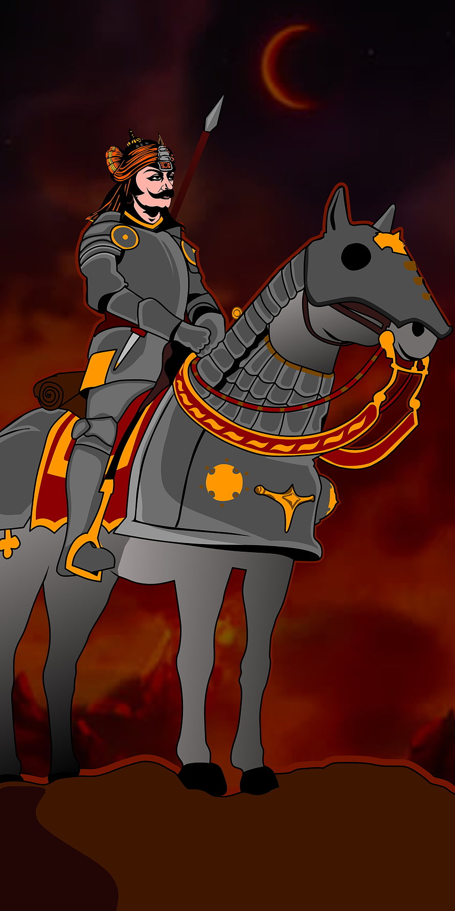 Maharana Pratap on Armored Warhorse with Crescent Moon and Fiery Sky HD phone wallpaper