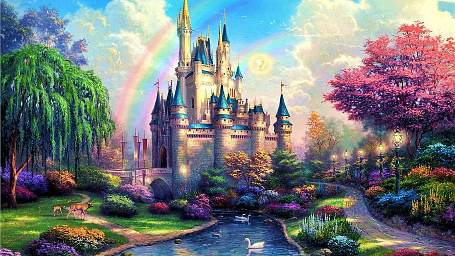 Snow White Castle in a Dreamlike Garden with Rainbow and Swans HD wallpaper