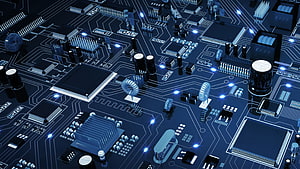Glowing Blue Circuit Board with Microchips and Electronic Components HD wallpaper