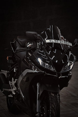 Yamaha R15 V4 Black Sport Motorcycle Front View in Dark Studio Setting HD phone wallpaper