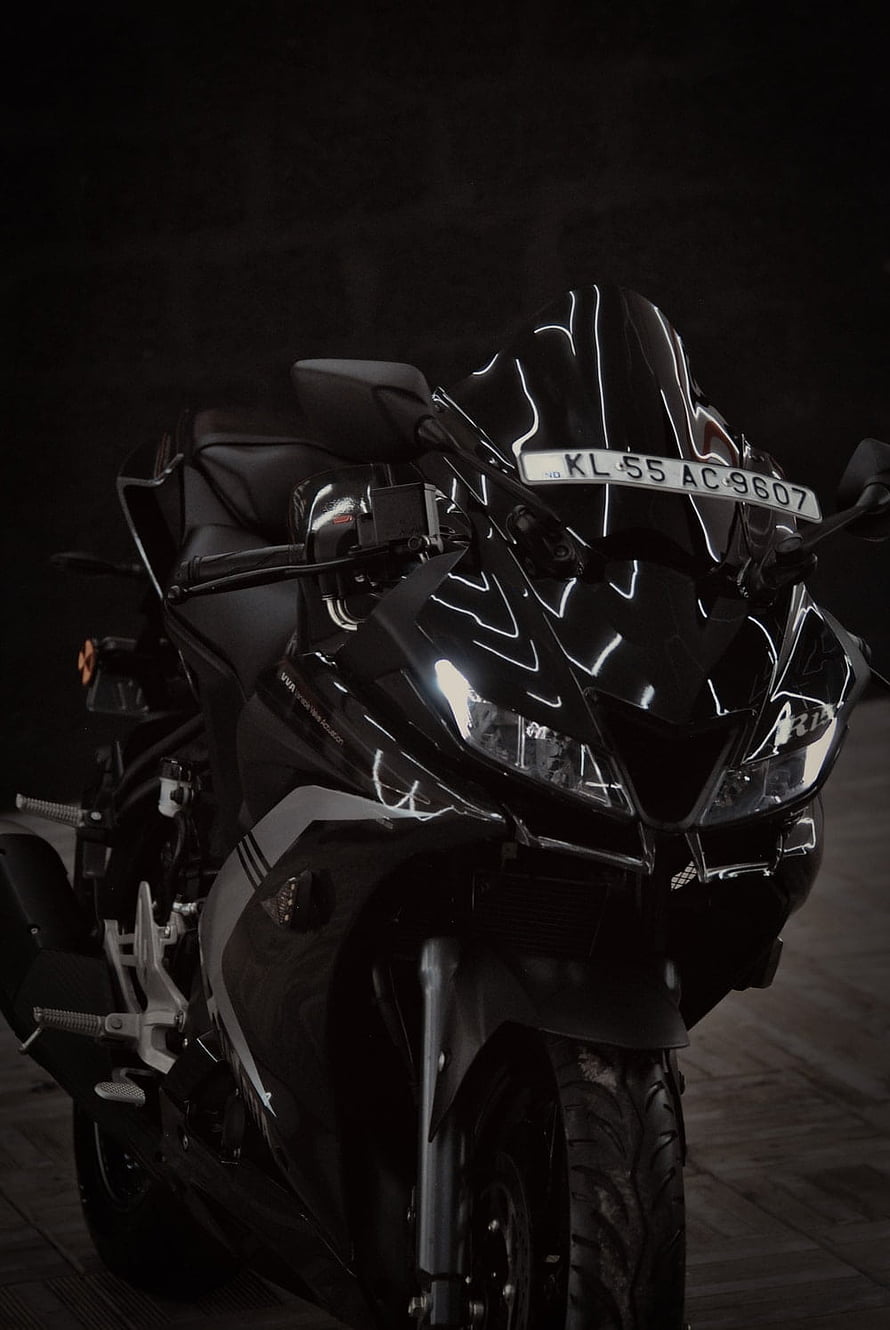 Yamaha R15 V4 Black Sport Motorcycle Front View in Dark Studio Setting HD phone wallpaper