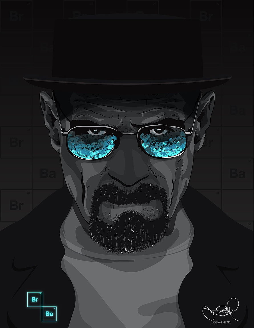 Walter White Heisenberg Portrait with Blue Tinted Glasses and Periodic Table Background HD phone wallpaper