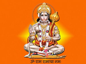 Hanuman Seated in Meditation with Gada and Sacred Text on Orange Background HD wallpaper